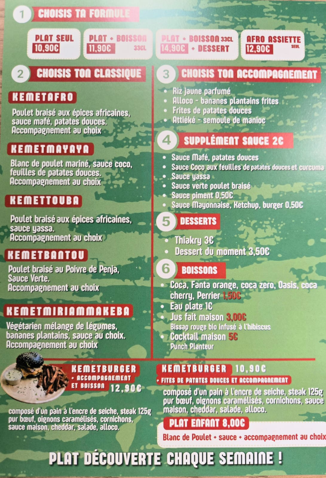 Carte du restaurant (verso)